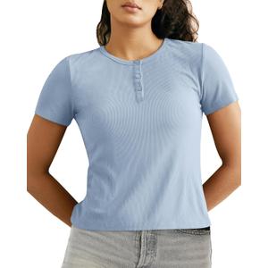 BAMBOO COOL Womens Henley T Shirts Short Sleeve Slim-Fit Tees Tops for Women Trendy Fashion Blouse (Large, Blue)