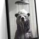 Funny Bear Bathroom Wall Art, Bear Taking Bath Canvas Print, Framed Black and White Animal Decor for Bathroom Restroom Farmhouse Home 16x24 Wood Framed