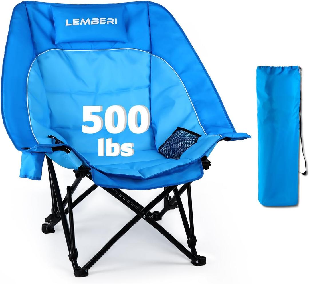 LEMBERI Oversized Heavy Duty Camping Chair for Adults,500lbs Comfortable Folding Lawn Chairs,Large Outdoor Portable Chair with Cup Holder,Side Pocket and Cooler Bag (Blue)