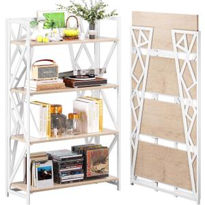 UDD No Assembly Wide Folding Bookshelf, 50.8" H x 30.9" W, 4 Tier Foldable Book Shelf Industrial Bookcase, Vintage Collapsible Storage Shelves for Home Office Living Room Bedroom, Light Oak White