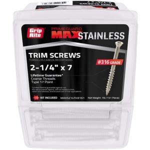 Grip-Rite PrimeGuard Max MAXS214TH3161, 2-1/4" x #7 Trim Head T17 ST15 Screw, 316 Stainless Steel, 1LB Pack, Clamshell Packaged