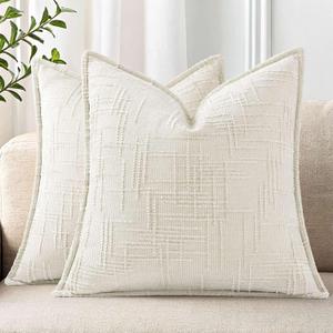 decorUhome Chenille Throw Pillow Covers 18x18 Set of 2, Thick Textured Slubby Neutral Decorative Pillow Covers with Elegant Design for Couch, Sofa, Living Room, Cream White