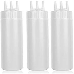 beyonday 3pcs Seasoning Squeeze Bottles,2 Hole Ketchup Mustard Dressing Squeeze Squirt Bottles, Salad Sauce Condiment Cream Squeeze Bottles for Kitchen Restaurant Bakery(24oz, White)