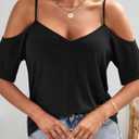 Eachyes Womens Summer Cold Shoulder Tops Low Back Short Sleeve V Neck T Shirts Sexy Casual, Large, Black