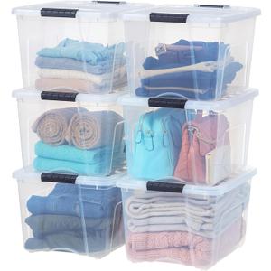 IRIS USA 40 QT Plastic Storage Box with Lid and Latches - 6 Pack - BPA-Free, See-Through Organizing Solution, Durable Nestable Stackable Containers, Secure Pull Handle - Clear