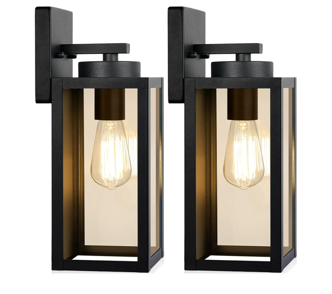 Outdoor Wall Light Fixtures, Exterior Waterproof Lanterns, Porch Sconces Wall Mounted Lighting with E26 Sockets & Glass Shades, Modern Matte Black Wall Lamps for Patio Front Door Entryway, 2-Pack