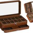 Gift Set 12 Slot Leather Watch Box with Valet Drawer & Matching 5 Watch Travel Case - Luxury Case Display Organizer, Locking Mens Jewelry Watches Holder, Men's Storage Boxes Glass Top Tan/Brown