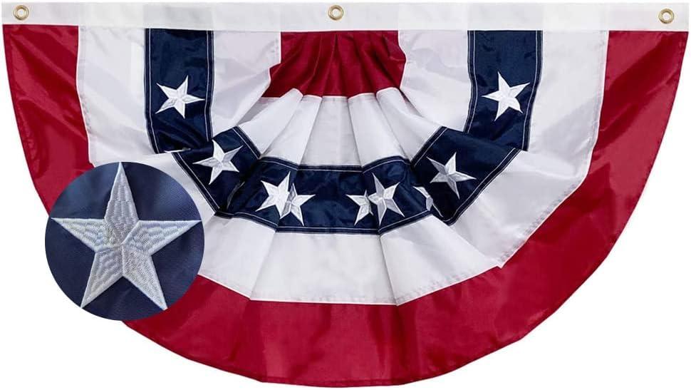 US Bunting Flag 3x6 FT Outdoor- Embroidered Stars USA American Pleated Fan Flags Canvas Header with 3 Brass Grommets Easy to Rising