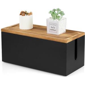 Bivvclaz Cable Management Box Medium, Wooden Cord Organizer Box for Desk, Floor, Office to Hide Extension Cords Power Stripes Surge Protectors Chargers Wires, Black