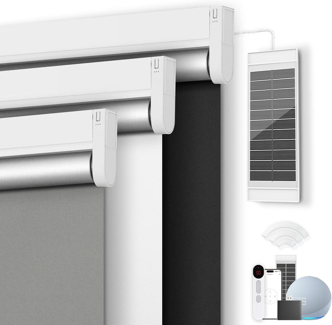 Motorized Blackout Smart Roller Blinds with Remote Control & Solar Panel - Automatic Electric Shades for Windows, Compatible with Alexa - White,28" W*72" H