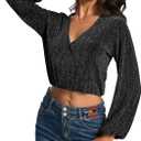 YYA Women's Casual V Neck Blouse Long Lantern Sleeve Spark Shining Blouses Top Shirts Black XXL