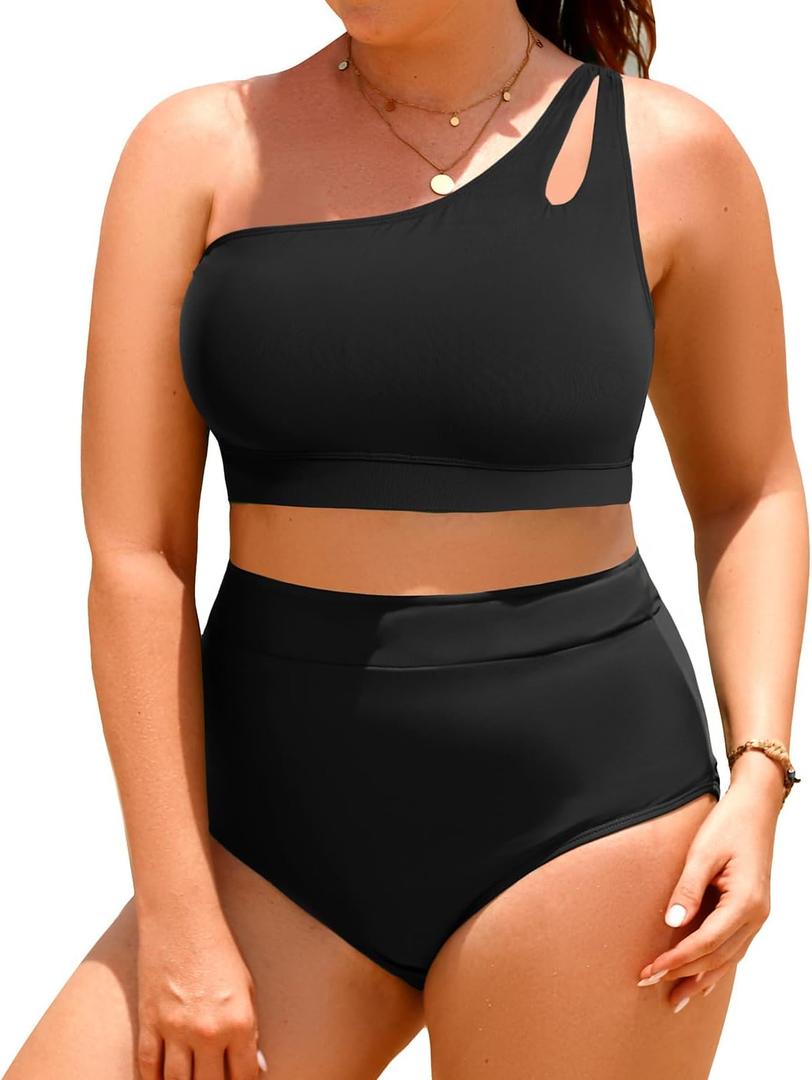 Tempt Me Plus Size High Waisted Bikini Set for Women Two Piece One Shoulder Swimsuit Keyhole Bathing Suits (Black, 20+)
