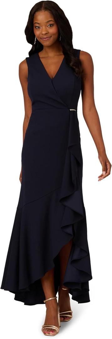 Adrianna Papell Studio Women's Ruffle Flounce Crepe Gown, Midnight, 16