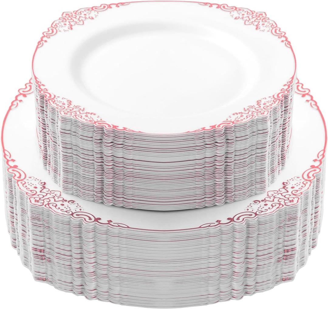 100 PCS White and Rose Gold Plastic Plates for 50 Guests, Rose Gold Disposable Plates Include 50 PCS Dinner Plates, 50 PCS Dessert Plates for Party, Wedding and Baby Shower