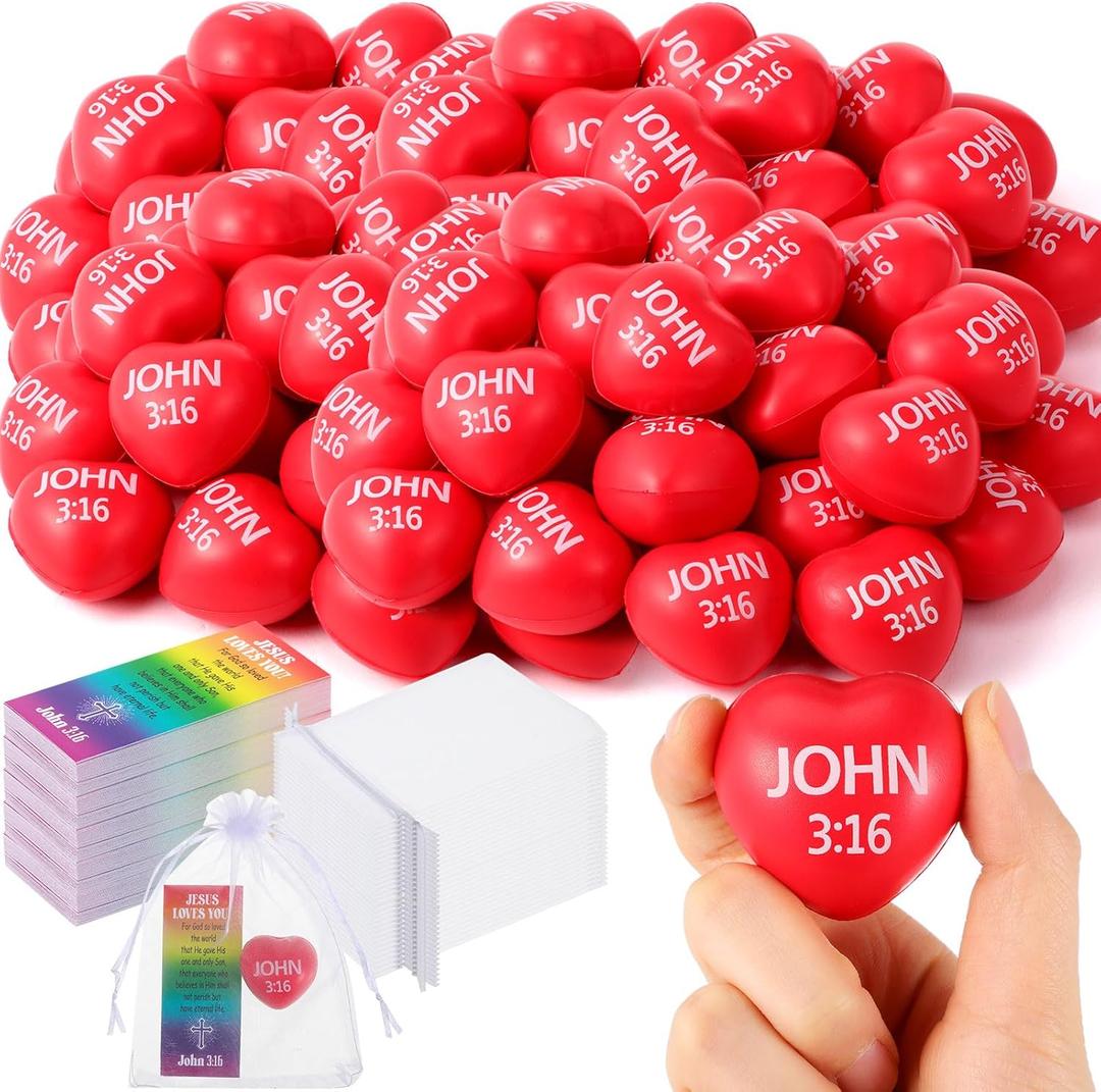 Zubebe 48 Sets Easter Christian Heart Stress Balls Bulk 1.57'' John 3: 16 Religious Relief Balls with Jesus Cards and Organza Bags Church Jesus Bible Quotes Baptism Gifts Stuffer