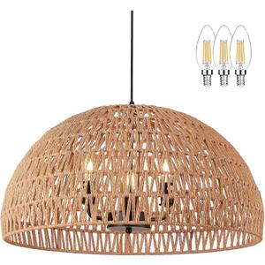 24" Brown Woven Pendant Light Boho Chandelier Dome Rustic Farmhouse Chandelier Wicker Pendant Light Rattan Light Fixture for Dining Room Living Room Bedroom Kitchen Island Foyer(Bulb Incl)