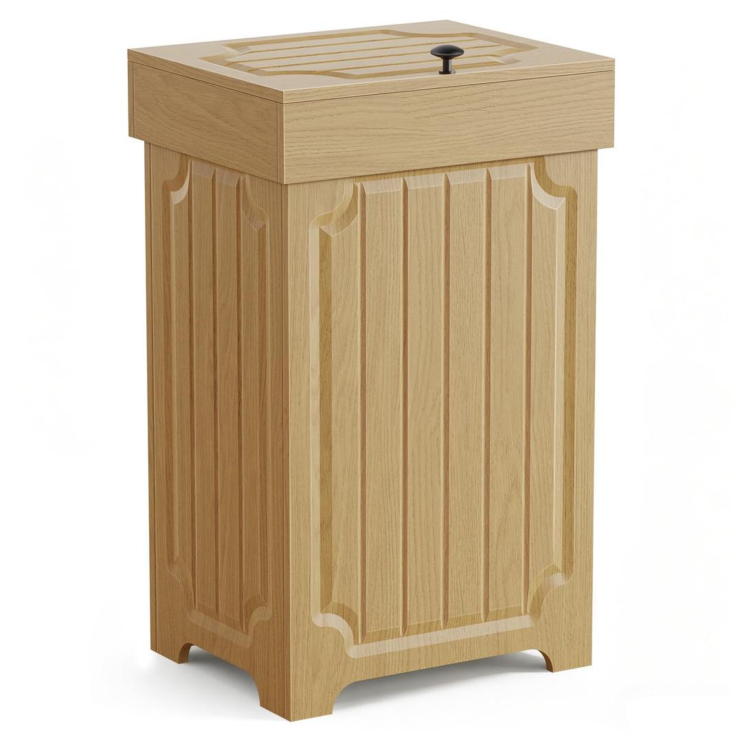Povrgive Wood Trash Can Cabinet, 13 Gallon Hidden Kitchen Garbage Can with Lid, Farmhouse Dog Proof Trash Can, Metal Ring Included, 16" L x 13" W x 26.5" H, Wood