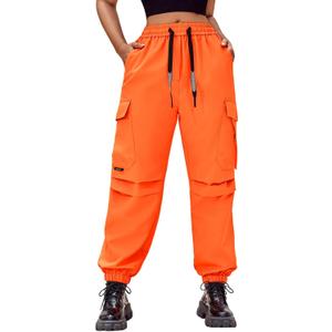 Baggy Cargo Pants Women High Waisted Parachute Pants Lightweight Hiking Joggers Streetwear with Pockets (Orange, XXL)