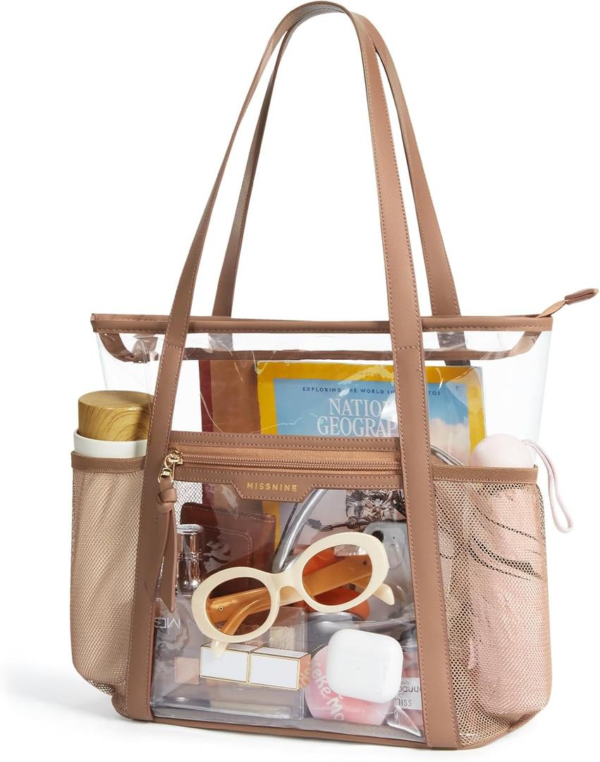 Missnine Clear Bag for Stadium Events Thick PVC Clear Tote Bag for Women with Guitar Strap for Sports Concert Beach (Classic Handles-brown)