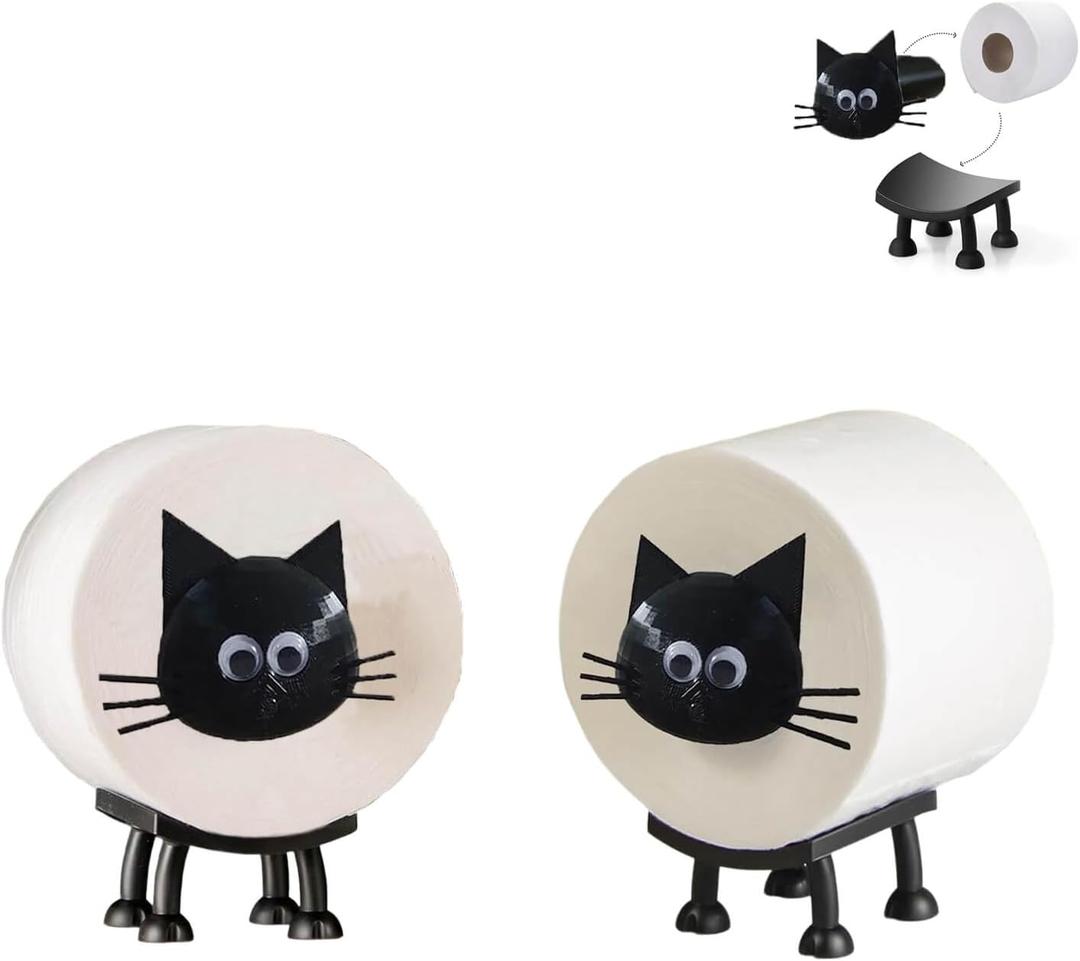 Cat Toilet Paper Holder - Funny Animal Paper Towel Holder for Bathroom Decor, Self Standing Unique 3D Printed with Durable Resin, 2pcs (Black Cat Two)