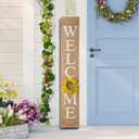 Glitzhome 60”H Welcome Sign with 4 Interchangeable Floral Wreaths for Front Door Porch Farmhouse Wooden Hanging Wall Sign for Seasons Spring Fall Harvest Thanksgiving Christmas