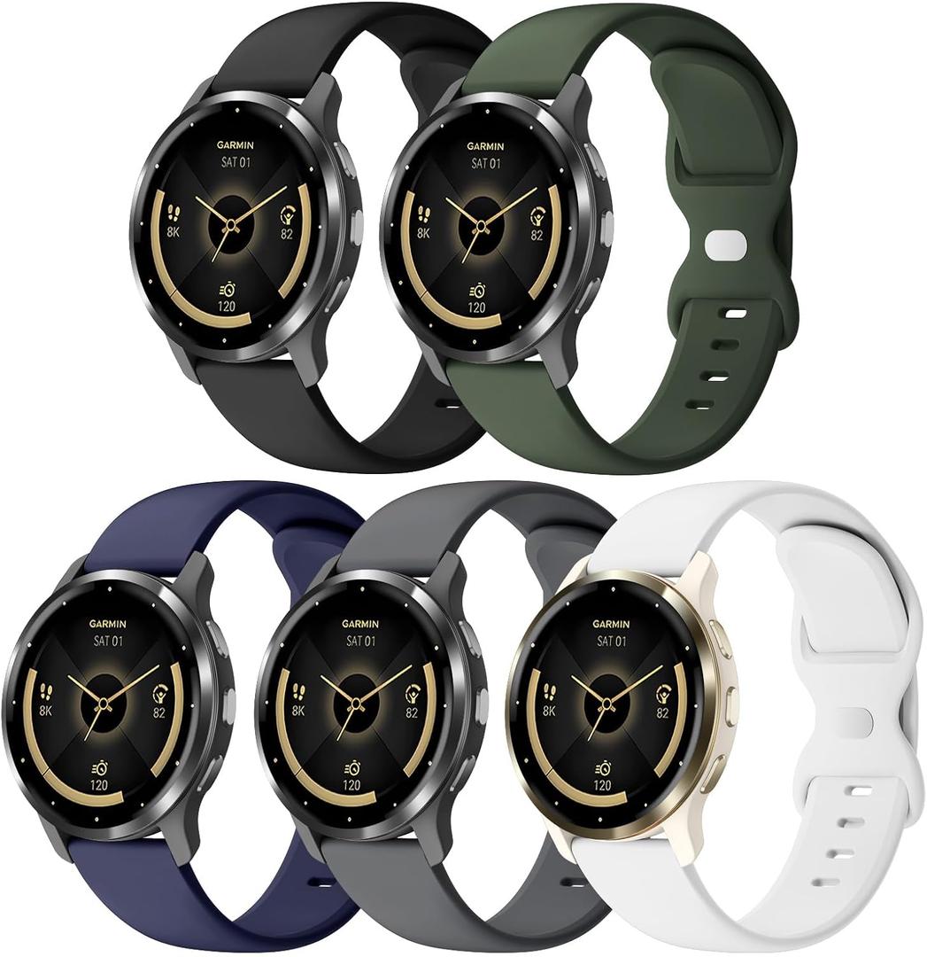 5 Pack 18mm Silicone Watch Band Compatible with Garmin Vivoactive 4S/Vivomove 3S/Venu 3S 41mm/Venu 4 41mm/Venu 2S/Forerunner 255S/265S, Quick Release Soft Sport Straps for Women Men