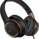 Lorelei X8 Over-Ear Wired Headphones with Microphone with 1.45m-Tangle-Free Nylon Line&3.5mm Plug,Lightweight Foldable & Portable Headphones for Smartphone,Tablet,Computer,Mp3/4(Black-Gold)