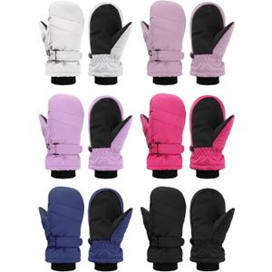 Newcotte 6 Pairs Winter Ski Mittens Kids Waterproof Warm Snow Gloves for Boys Girls Cold Weather Outdoor Activities, White, Light Pink, Dark Pink, Rose Red, Navy, Black, 5-8 Years