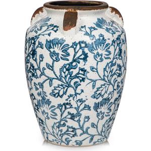 Ceramic Vintage Vase, 9.3" Rustic Blue and White Chinoiserie Floral Vase for Home Decors, Handcrafted Farmhouse Large Flower Vases for Living Room, Table, BathroomCenterpiece
