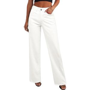 PRETTYGARDEN Wide Leg Jeans for Women Trendy High Waisted Stretchy Baggy Raw Hem Denim Palazzo Pants 2026 Spring Fall Clothes, White, 16