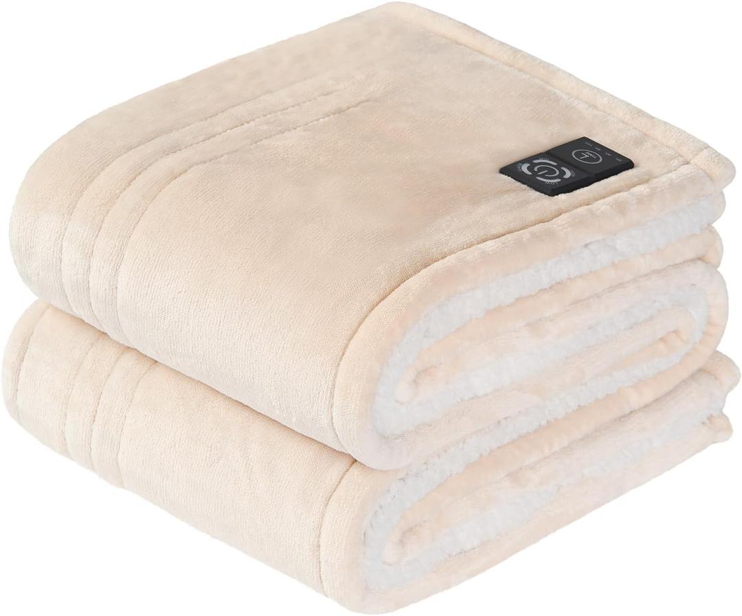 Sealy Heated Blanket Throw with Built-in Button Controller, Reversible Flannel to Sherpa Electric Blanket with 2-10 Hours Auto-Off & 4 Heating Levels, Over-Heat Protection, 50x60 inch, Beige