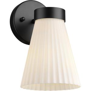 Indoor Wall Light Fixture, HWH Modern Wall Sconce Vanity Light with Frosted White Striped Glass Shade, Matte Black Single Wall Sconce for Bathroom Bedroom, 5HZG97B BK