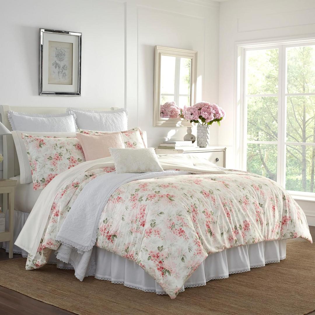 Laura Ashley - Twin Comforter Set, Plush Velour Micromink Face Bedding with Soft Cotton Reverse, Medium Weight for Year Round Use, 2 Piece Bed Set with Matching Pillowcase (Wisteria Pink)