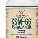 Double Wood Supplements Ashwagandha KSM 66 Organic and Clinically Studied Extract (600mg Per Serving, 120 Capsules, 60 Servings) Adaptogen Cortisol Manager for Women and Men, Exp 08/2028