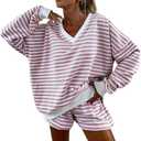 Melliflo Women 2 Piece Outfits Lounge Sets Striped Print Long Sleeve V Neck Sweatshirt and Shorts Set Sweatsuit (XL)