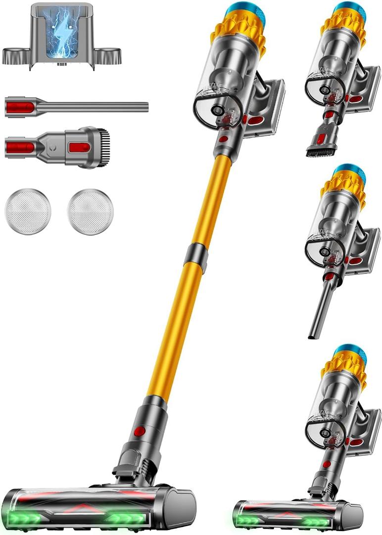 Cordless Vacuum Cleaner, 650W/55KPA, 70 Mins Runtime Self-Standing Stick Vacuum, Vacuum Cleaners for Home with Anti-Tangle Brush, Smart Display, 1.8L Cup Vacuum for Pet Hair/Carpet/Floor (Gold)