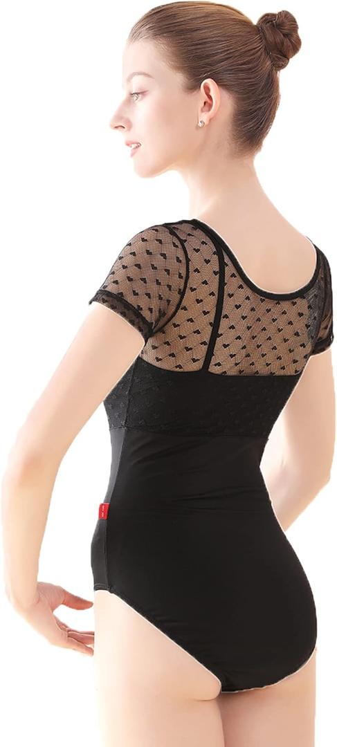 Daydance Girls Women Ballet Outfits Lace Cap Sleeve Dance Leotards for Gymnastics, Aerial Yoga, Swimming (X-Large, Black-faux 2 Piece)