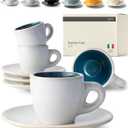 KIVY 3 oz Espresso cups set of 4 - Thick walled stoneware espresso cup set - Italian style espresso cups and saucers - Expresso shots cup - Small coffee mugs and saucers - Blue