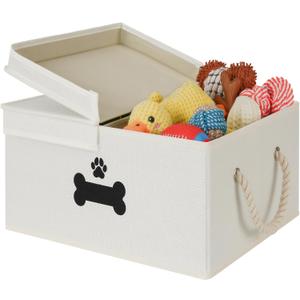 Dog Toy Basket with Double-Open Lid, Divided Dog Basket for Toys, Collapsible Pet Toy Box, Dog Storage Organizer with 2 Divided Area, Puppy Toy Baskets with Rope Handles, Beige