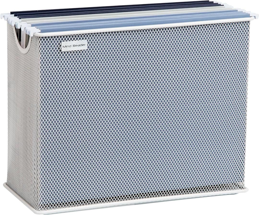 Mind Reader Vertical File Storage, Desktop Organizer, Hanging Files, Office, Metal Mesh, 12.25" L x 5.5" W x 10" H, White