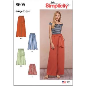 Simplicity US8605A Easy to Sew Women's Skirts and Loose Fitting Pants Sewing Patterns, Sizes 6-24