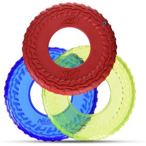 Nerf Dog Tire Flyer Dog Toy Gift Set, 10 Inch Flying Disc Dog Fetch Toys, Rubber Dog Toy for Medium Dogs and Large Dogs, Red, Translucent Green and Translucent Blue, 3 Count