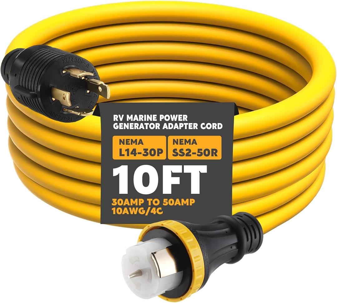 Tellegloww 10FT NEMA L14-30P to SS2-50R RV Marine Power Generator Adapter Cord, 30A 4 Prong Locking Generator L14-30P Male to 50A Marine Shore Power SS2-50R Female with Locking Ring 125V/250V