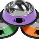 3 Pcs Non-Slip Stainless Steel Small Cat Food Bowls - Unbreakable, Thicken 7 Oz Cat Dishes - Indoor, Removable Rubber Base, Easily Clean, Lovely Color (Purple, Green, Orange)
