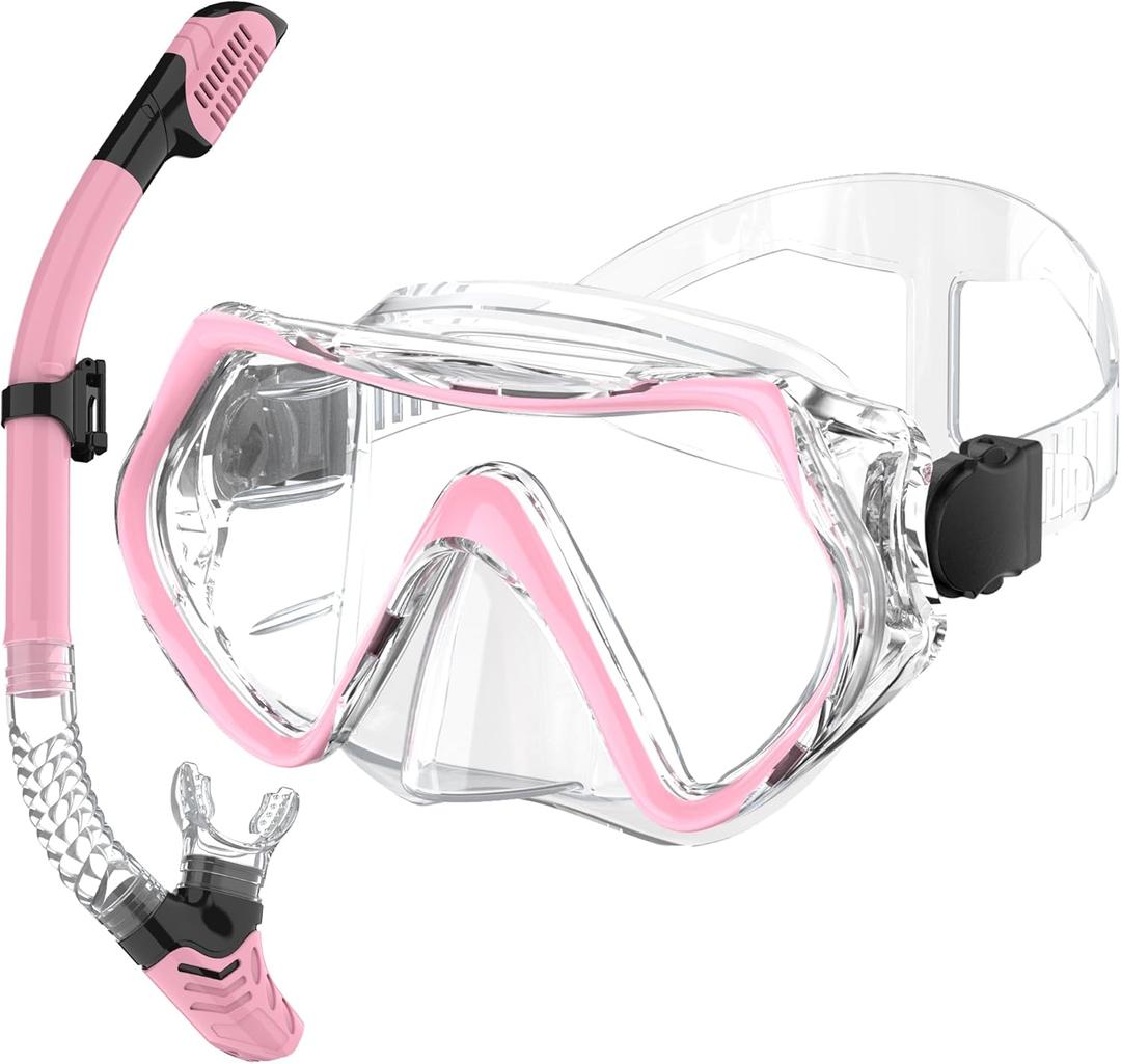 Snorkeling Gear, Dry Snorkel Set180 Panoramic Wide View,Anti-Fog Scuba Diving Mask, Professional Snorkeling Gear for Free Breathing, Swimming, Diving (AdultsNot fit for kids, Pink)