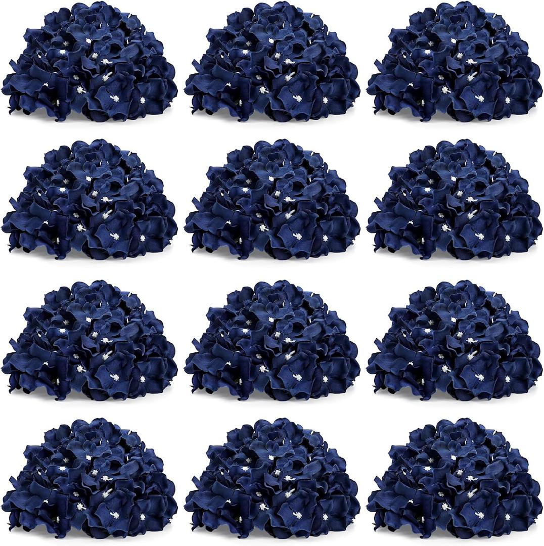 Hydrangea Flower Balls for Centerpieces - 12 PCS Artificial Floral Arrangement with Base, 8.27 Inch Diameter Fake Silk Kissing Ball for Wedding Table Home Party Decor - Navy Blue