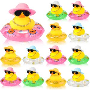Sotiff Mini Rubber Ducks Bulk for Kids Children Cute Yellow Duck Toy for Dashboard of Car Ornaments with Sunglasses Swim Ring Mini Hat Necklace for Birthday Party Gift(12 Sets,Novelty)