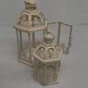 Lanterns Decorative Outdoor&Indoor, Set of 2 (15"&11") Beige Metal Lantern Decor with Glass, Candle Holder for Porch, Patio, Garden, Fall, Wedding, Christmas, Table Centerpiece