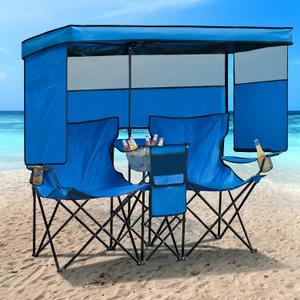 Double Beach Chair with Canopy Shade Oversized Camping Chairs with Cup Holder Cooler Bag Folding Loveseat Chairs for Camping Beach Lawn (Blue)