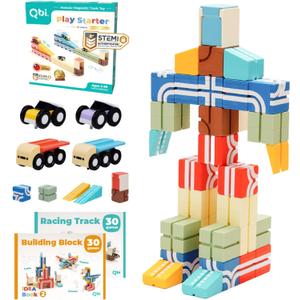 QBI Magnetic Blocks Play Starter Set4-in-1 STEM Building Blocks with 4 Cars & 3D Track TilesEducational Sensory Magnet ToysPreschool Montessori Toys for Kids Ages 3-5-8 Year Old Boys and Girls